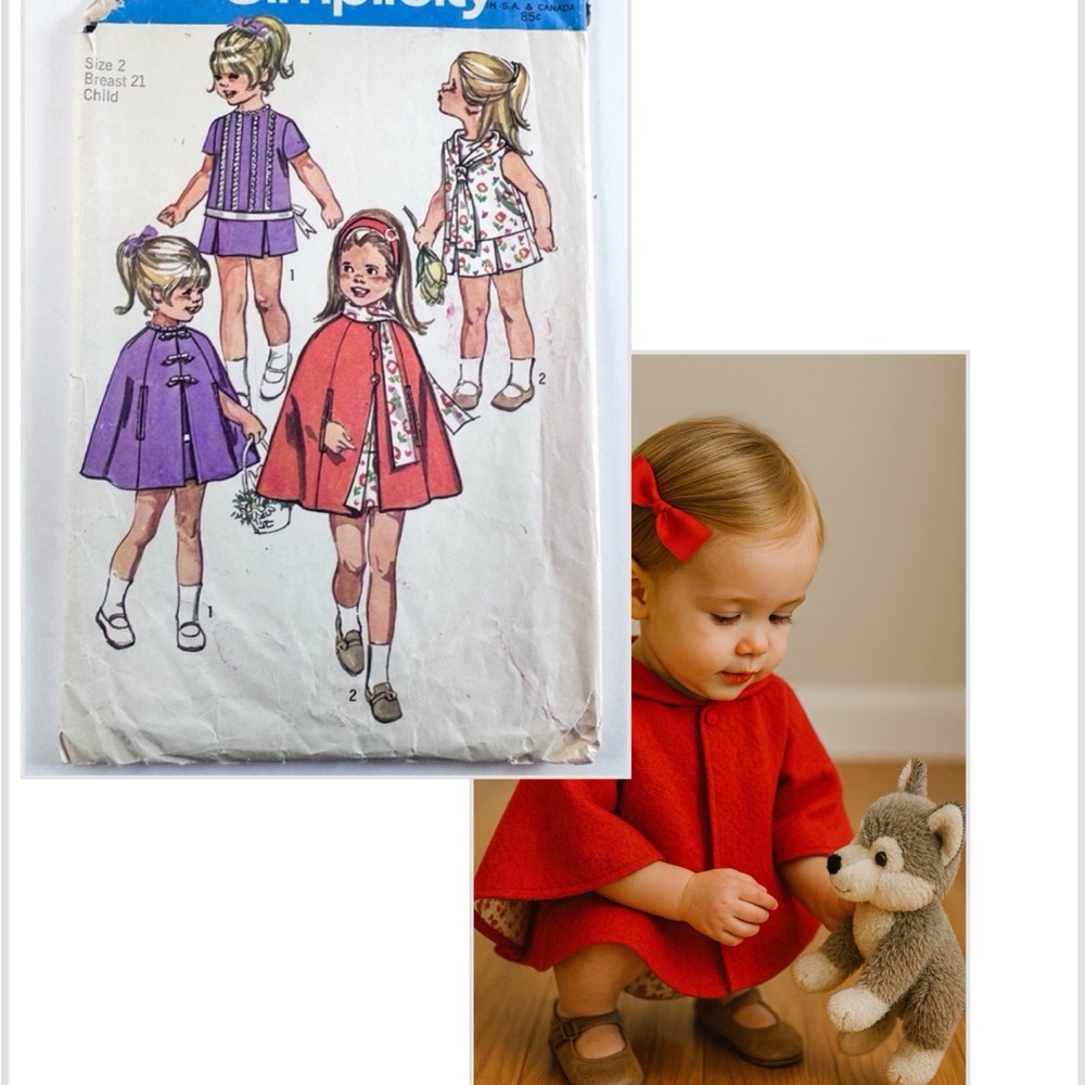 3/$20 Vintage Simplicity 9246 Girl’s Cape, Dress & Scarf Sewing Pattern – Size 2